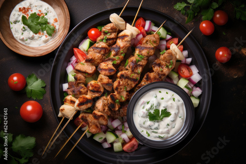 Grilled chicken skewers sprinkled with chopped fresh parsley