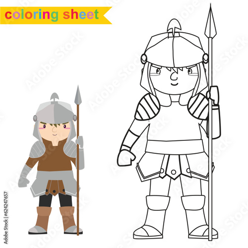 Coloring page a fairy tale Medieval Kingdom black and white the cute kingdom guard in armour and holding a spear. Vector outline fantasy monarch kingdom. 