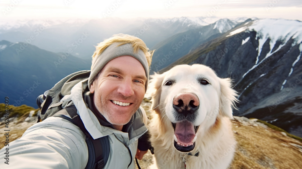 Hiking with the Dog, a Happy Smiling Man Taking Selfie with His Cute Golden Retriever Dog after Trail Trekking in Snow-Covered Mountain. Activities with Pet. AI generative Hiking with the Dog, a Happy Smiling Man Taking Selfie with His Cute Golden Retriever Dog after Trail Trekking in Snow-Covered Mountain. Activities with Pet. AI generative