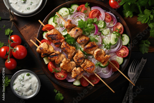 Grilled chicken skewers sprinkled with chopped fresh parsley