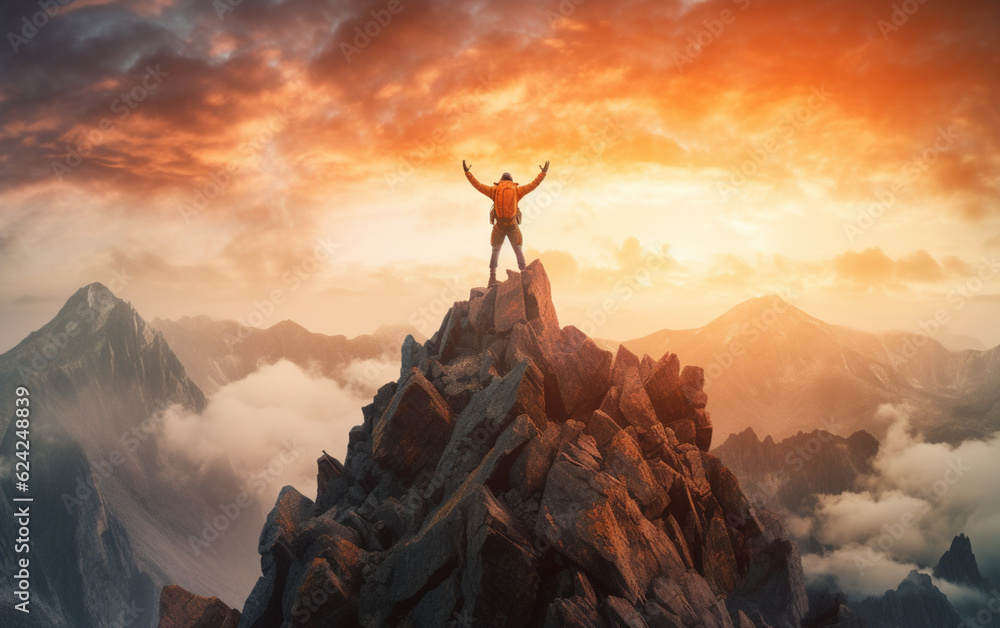 Achieving your dreams concept, with mountain climber celebrating success on top of mountain