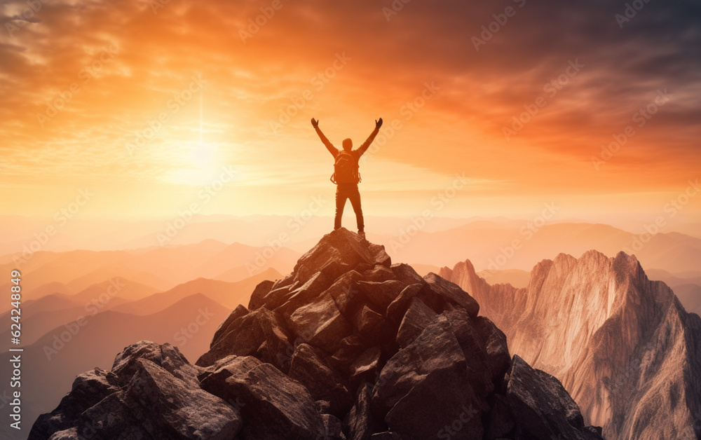 Achieving your dreams concept, with mountain climber celebrating success on top of mountain