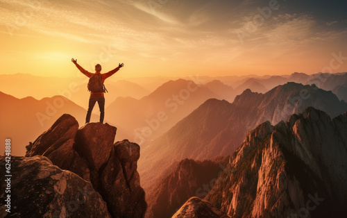 Achieving your dreams concept, with mountain climber celebrating success on top of mountain