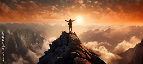 Achieving your dreams concept, with mountain climber celebrating success on top of mountain