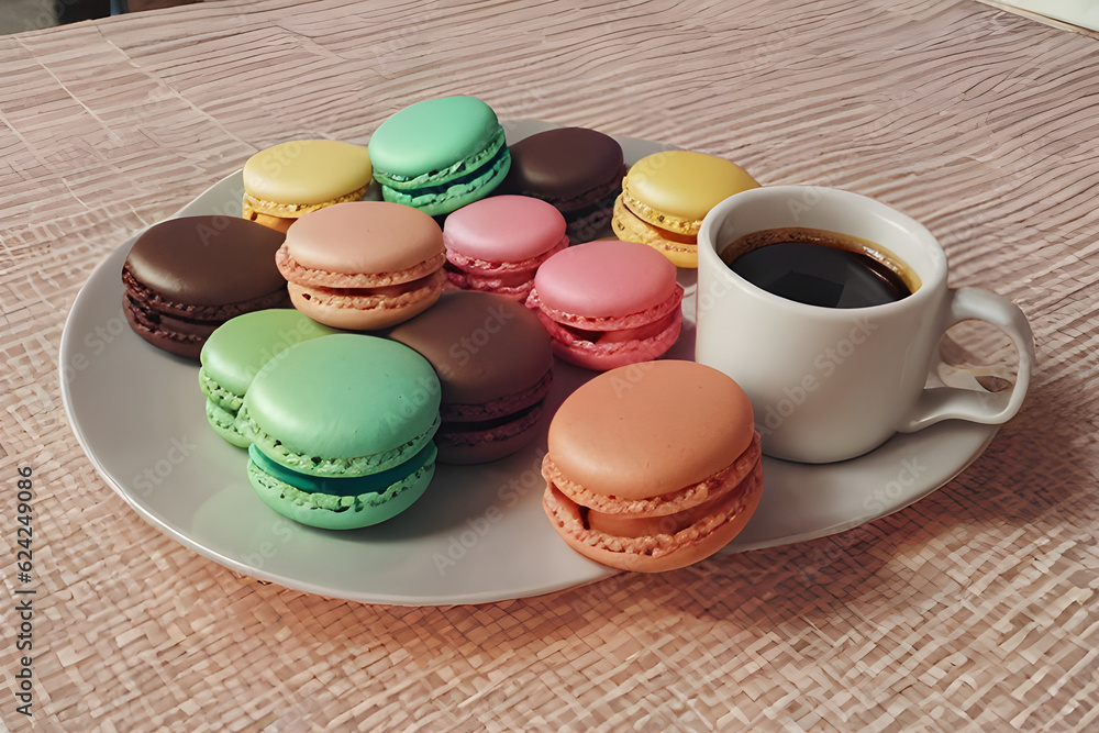 There is a table with a white cloth by the window, a plate with macarons on it, a plate of strawberry cake and a cup of coffee. Generative AI There is a table with a white cloth by the window, a plate with macarons on it, a plate of strawberry cake and a cup of coffee. Generative AI