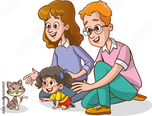 cute family feeding cute cats vector.children and their parents who feed stray animals