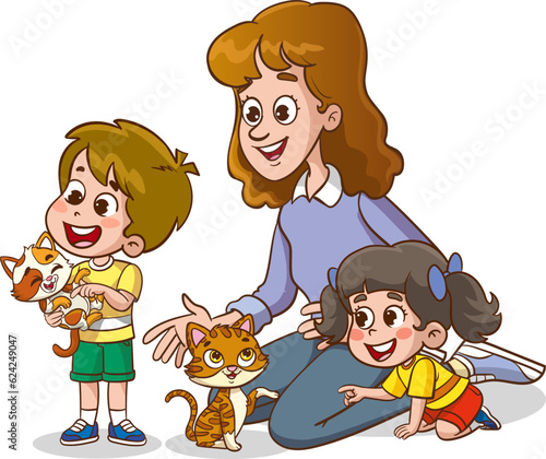 cute family feeding cute cats vector.children and their parents who feed stray animals