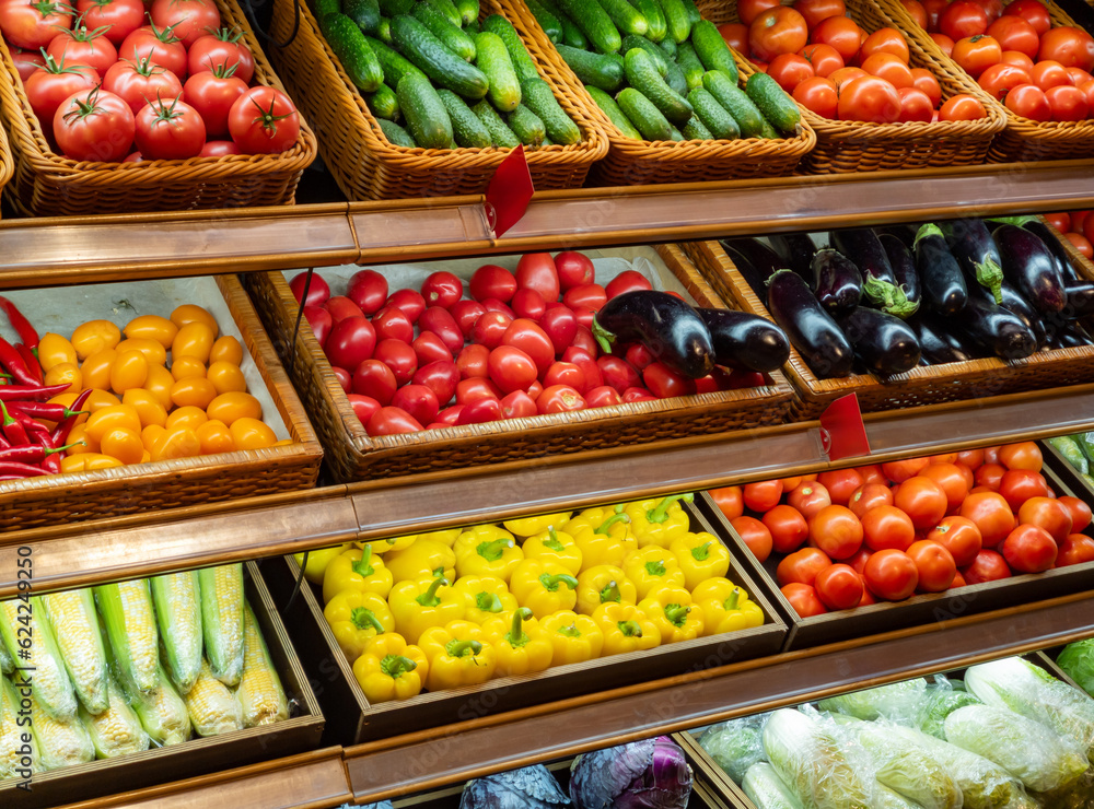 Assortment of fresh vegetables on store shelves, on market counter.