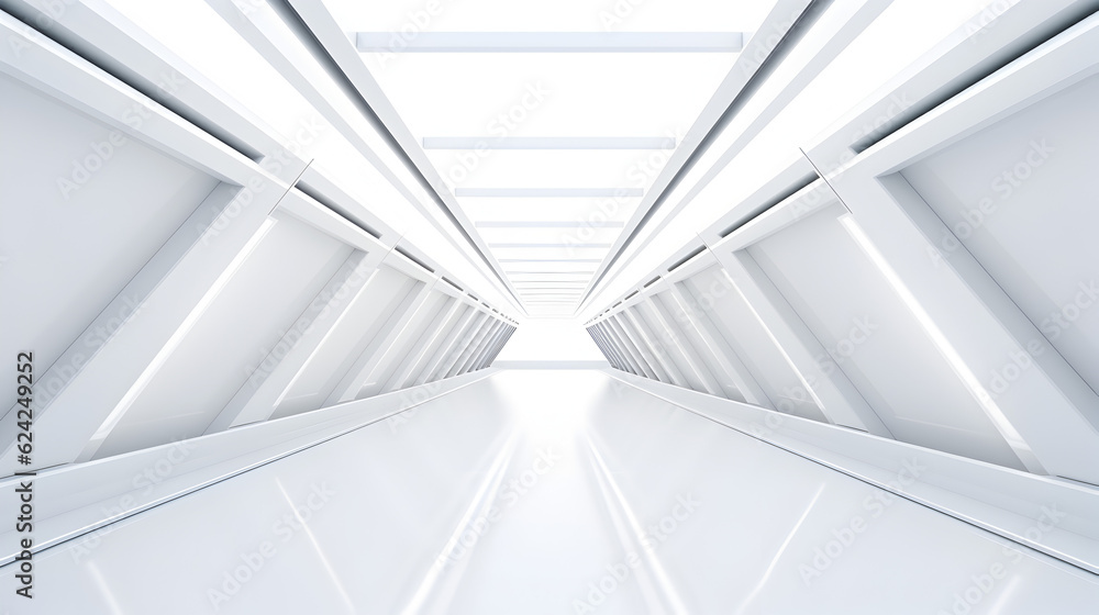 Futuristic Sci Fi Triangle Tunnel, Empty Long Light Corridor. Modern white background. Generative AI Futuristic Sci Fi Triangle Tunnel, Empty Long Light Corridor. Modern white background. Generative AI