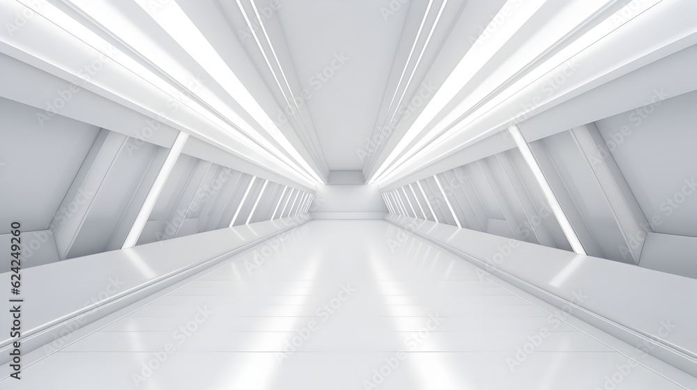 Futuristic Sci Fi Triangle Tunnel, Empty Long Light Corridor. Modern white background. Generative AI Futuristic Sci Fi Triangle Tunnel, Empty Long Light Corridor. Modern white background. Generative AI