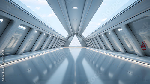 Futuristic Sci Fi Triangle Tunnel  Empty Long Light Corridor. Modern white background. Generative AI