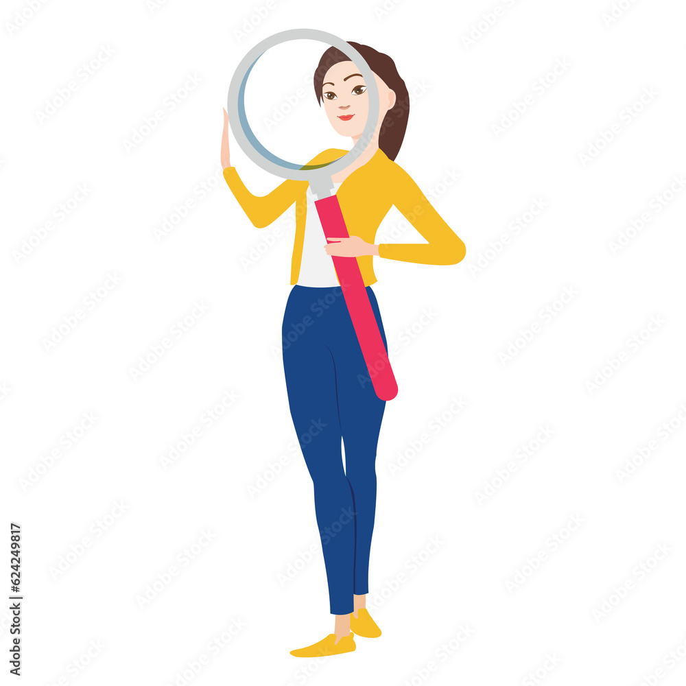 2D Cartoon Woman Holding Big Magnifying Glass. Lady Holding in Her Hands Giant Magnifying Glass or Loupe and Looking Far Ahead. PNG Image 2D Cartoon Woman Holding Big Magnifying Glass. Lady Holding in Her Hands Giant Magnifying Glass or Loupe and Looking Far Ahead. PNG Image