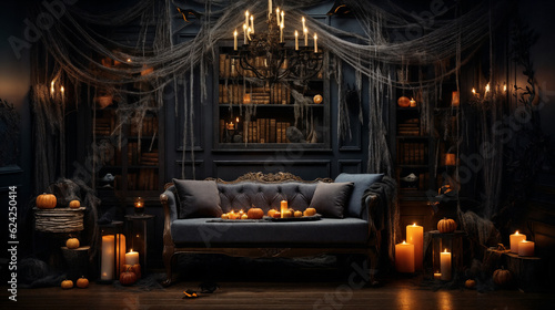 Living room is decorated for Halloween