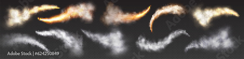 Flame rocket launch smoke trail isolated vector effect. Jet or shuttle speed takeoff transparent cloud spray. 3d realistic spaceship white explosion in sky condensation texture. Spacecraft track flare