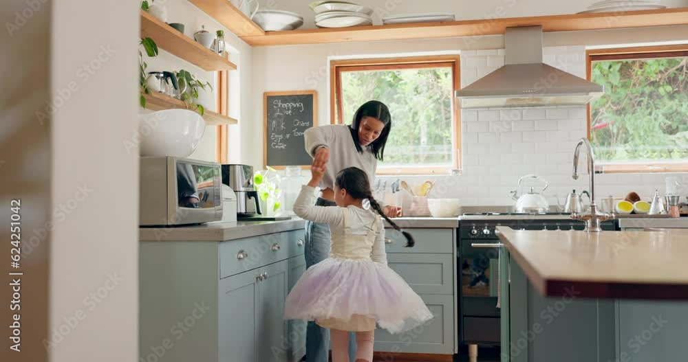 Dance, ballet and girl with mother in a kitchen together or mom support child and playing as a dancer or ballerina. Tutu skirt, mommy helping to spin or bonding with kid in the house or home Dance, ballet and girl with mother in a kitchen together or mom support child and playing as a dancer or ballerina. Tutu skirt, mommy helping to spin or bonding with kid in the house or home