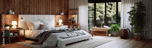 Panoramic image of a country style wooden bedroom in a luxury cottage or hotel. Comfortable large bed, dressing table, houseplants, panoramic windows. Home decor, cozy interior. 3D rendering.