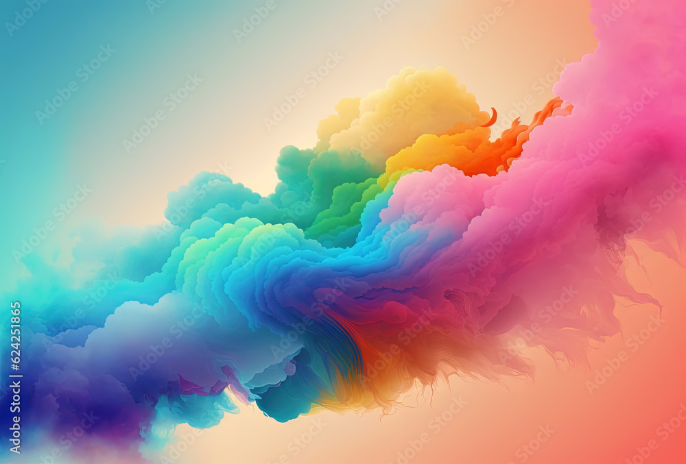 Clubs of multicolored neon smoke, ink. An explosion, a burst of holi paint. Abstract psychedelic pastel light background. 3D rendering. AI generated. - obrazy, fototapety, plakaty 