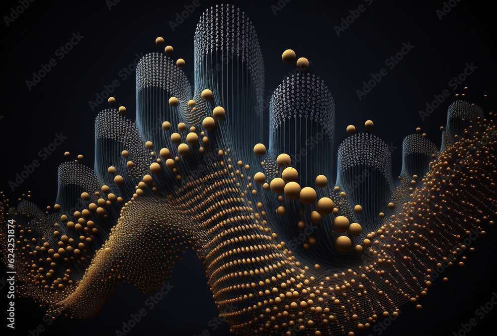 Colored dots and lines on a black background. Visualization of big data ...