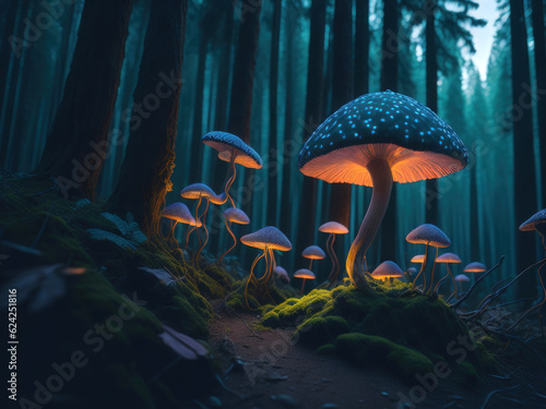 Magic fluorescent mushroom in the forest. AI generated