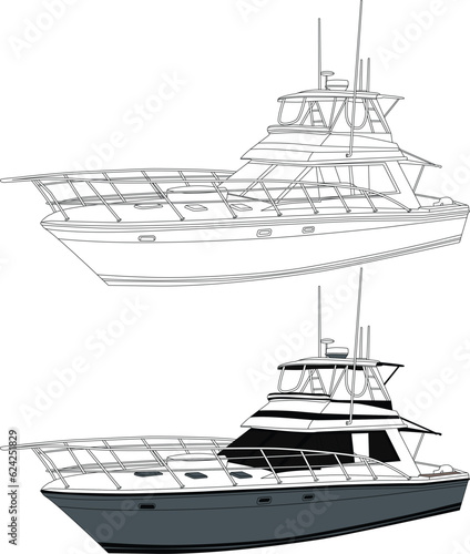 Vector, line art and color image of fishing boat on a white background.	