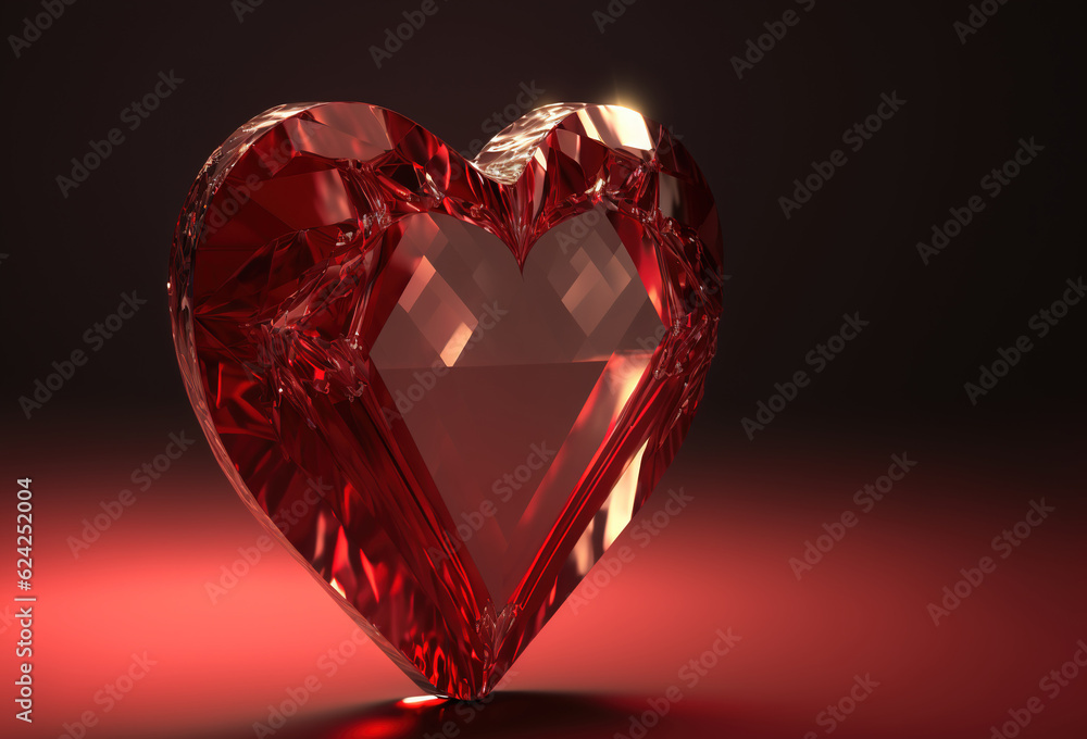 Crystal clear heart on a red background. Luxurious background for Valentine's Day. 3D render. AI generated.