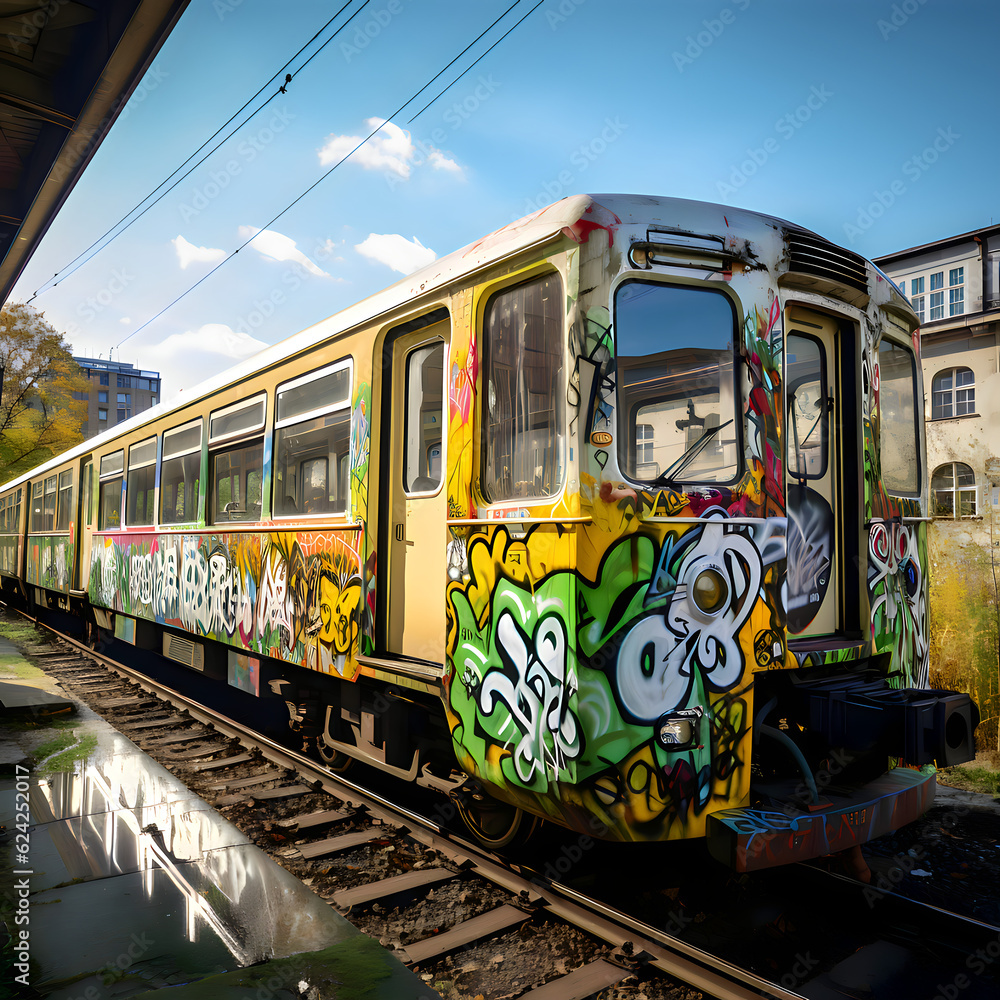 train in city with graffiti