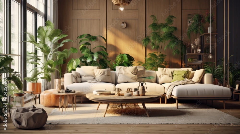 Cozy elegant boho style living room interior in natural colors. Comfortable couch with cushions and plaid, ottomans, many houseplants, wooden coffee table, vintage rug, home decor. 3D rendering.
