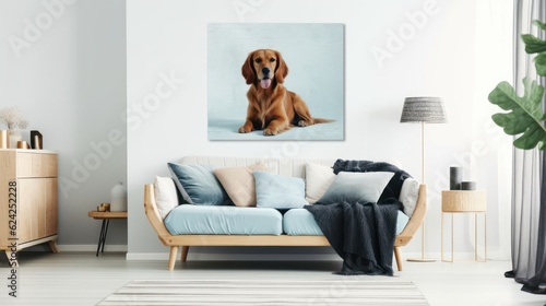 Modern stylish living room scandi style. Comfortable sofa with cushions and plaid, poster with dog image over the sofa, wooden commode, floor lamp, coffee table, home decor. Mockup, 3D rendering.