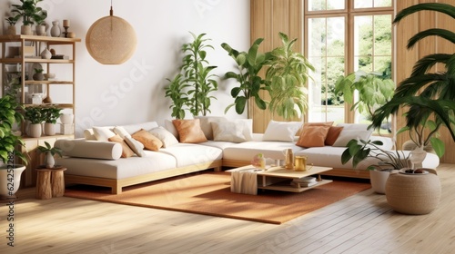 Cozy elegant boho style living room interior in natural colors. Comfortable couch with cushions, many houseplants, wooden coffee table and bookcase, wicker pendant light, home decor. 3D rendering.