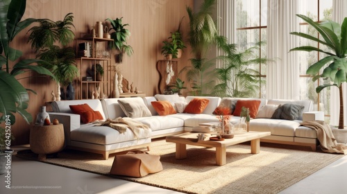 Cozy elegant boho style living room interior in natural colors. Comfortable couch with cushions and plaid, ottomans, many houseplants, wooden coffee table and rack, home decor. 3D rendering.