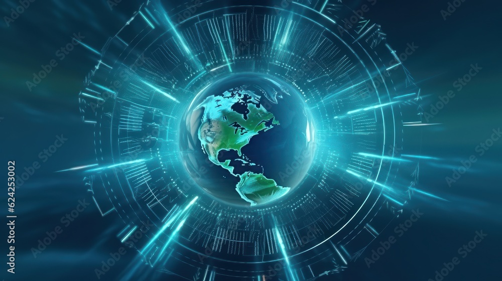Graphic image of the rotating blades of a windmill around Planet Earth on a blue blurred background. Sustainable wind energy process. Green energy power production. Mockup, 3D rendering. Graphic image of the rotating blades of a windmill around Planet Earth on a blue blurred background. Sustainable wind energy process. Green energy power production. Mockup, 3D rendering.