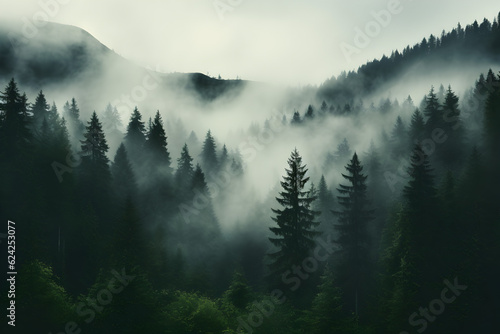 Misty landscape with fir forest Generative AI