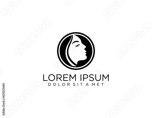 Beauty salon logo.Elegant makeup woman face and wordmark isolated on light fund.Profile view lady portrait.Pink lipstick and long eyelashes.Cosmetics and spa business.Calligraphy style lettering.