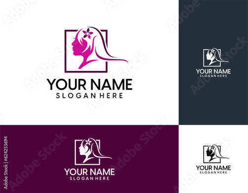 beauty haircut salon logo with face and hair vector illustration design