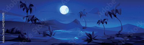 Night oasis in sahara desert vector cartoon landscape. Palm tree, lake and drought mountain tropical mirage image for savannah scene. Egyptian or dubai heat dune nature for game graphic wallpaper