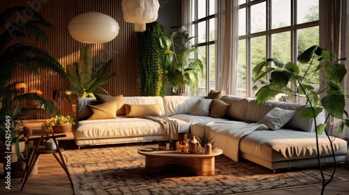 Cozy elegant boho style living room interior in natural colors. Comfortable couch with cushions and plaid, many houseplants, wooden coffee table, wicker pendant lights, home decor. 3D rendering. © Georgii