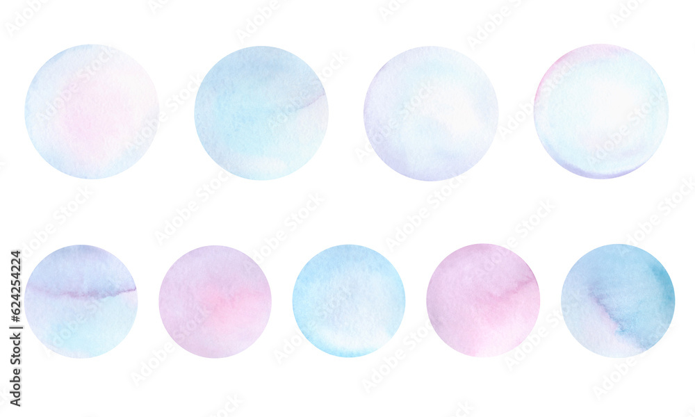A set of watercolor circles, spots, in pale blue and pink shades with a gradient, isolated on a white background. Drawn by hand. Texture of watercolor on paper. Element for design. A set of watercolor circles, spots, in pale blue and pink shades with a gradient, isolated on a white background. Drawn by hand. Texture of watercolor on paper. Element for design.