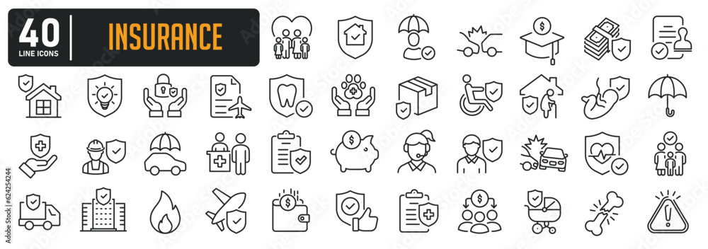 Insurance simple minimal thin line icons. Related health, travel, life, family, finance. Editable stroke. Vector illustration. Insurance simple minimal thin line icons. Related health, travel, life, family, finance. Editable stroke. Vector illustration.