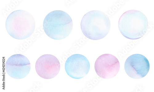 A set of watercolor circles, spots, in pale blue and pink shades with a gradient, isolated on a white background. Drawn by hand. Texture of watercolor on paper. Element for design.