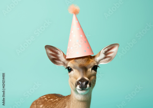 Portrait of a deer in a birthday festive pink party hat on a pastel green background