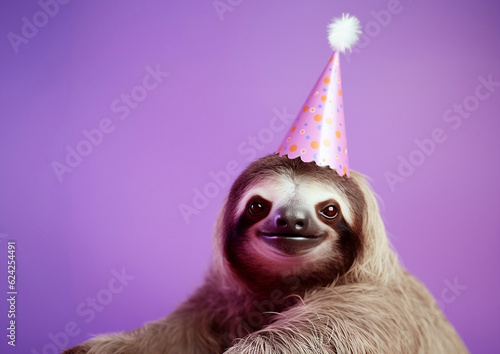 Portrait of a sloth in a birthday festive pink party hat on a bright purple background