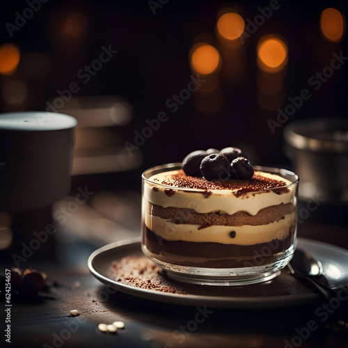 Plate of tiramisu cake isolated on black background, chocolate desert ,Generative Ai
