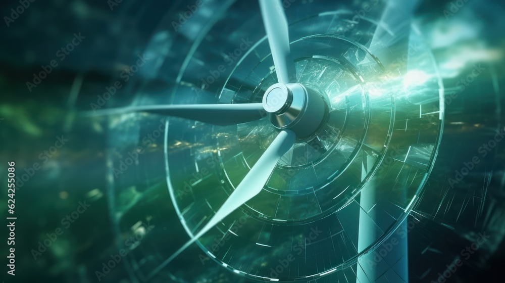 Graphic image of the rotating blades of a windmill on a blue blurred ...