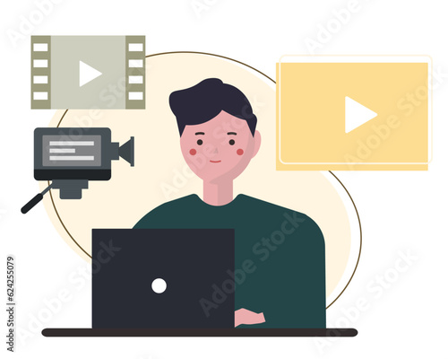 動画編集をする男性。ベクターイラスト