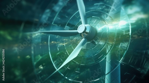 Foto Graphic image of the rotating blades of a windmill on a blue blurred background