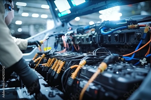 Orange Robotic arm manufacturing Electric vehicle battery at a giga factory, Green energy vehicle revolution, Net zero carbon emission 2050 ESG goal