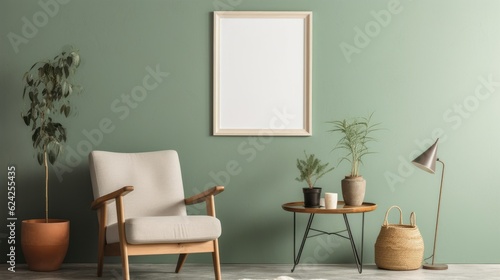 Front view of a modern luxury living room in green colors. Green wall with poster mockup, comfortable armchair, green plants in flower pots, floor lamp, home decor. Template. © Georgii