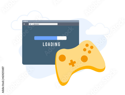 Cloud gaming on browser concept. Loading game in web browser with minimal latency, picture quality, data transfer speed. Gaming on demand or game streaming with joystick or gamepad and cloud service