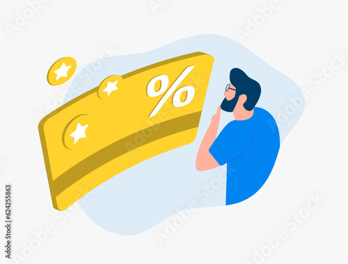 Cashback and rewards program concept. Loyalty and money refund service. Male character looking at yellow bank credit card with cashback bonuses icons. Illustration isolated on white background