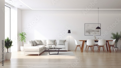 Interior of modern minimalist white living room with dining area. Comfortable sofa  coffee table  wooden dining table with chairs  house plants in pots  poster on the wall. Mockup  3D rendering.